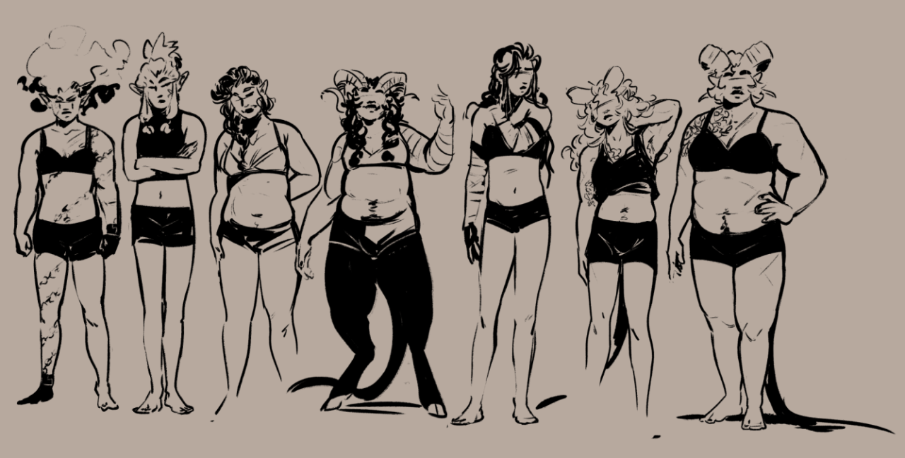 A series of 7 women standing in their underwear, highlighting their differing physiques. They are fantasy characters, with 3 of them being demons, one with goat legs, one woman having a cloud for her hair, and most of them having long pointed ears. They all stand differently, showing their different personalities.
