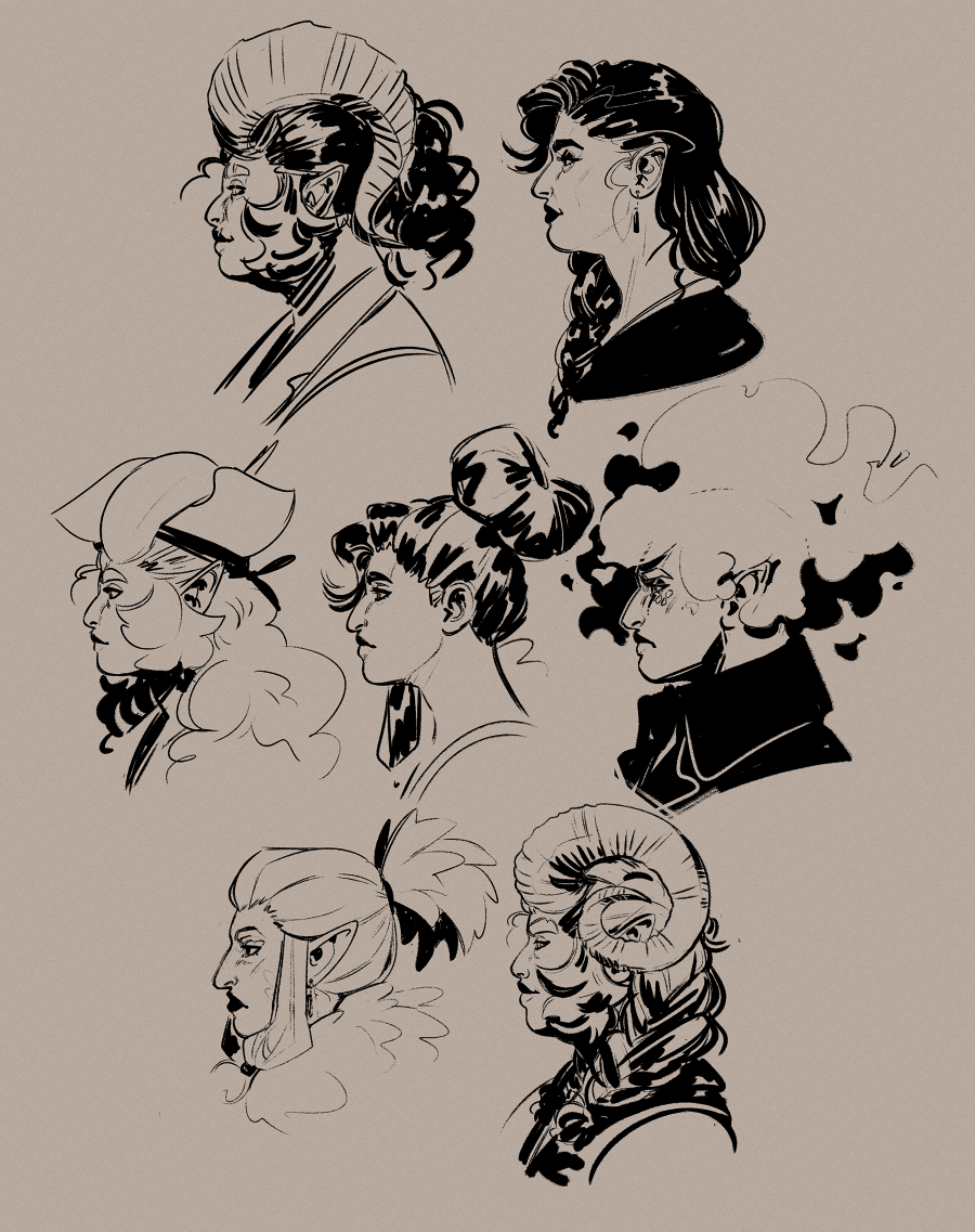 A series of portraits of the previous 7 women in profile, drawn in a black ink-brush style on a beige toned canvas. Each woman's face is distinct, with no two women looking alike.